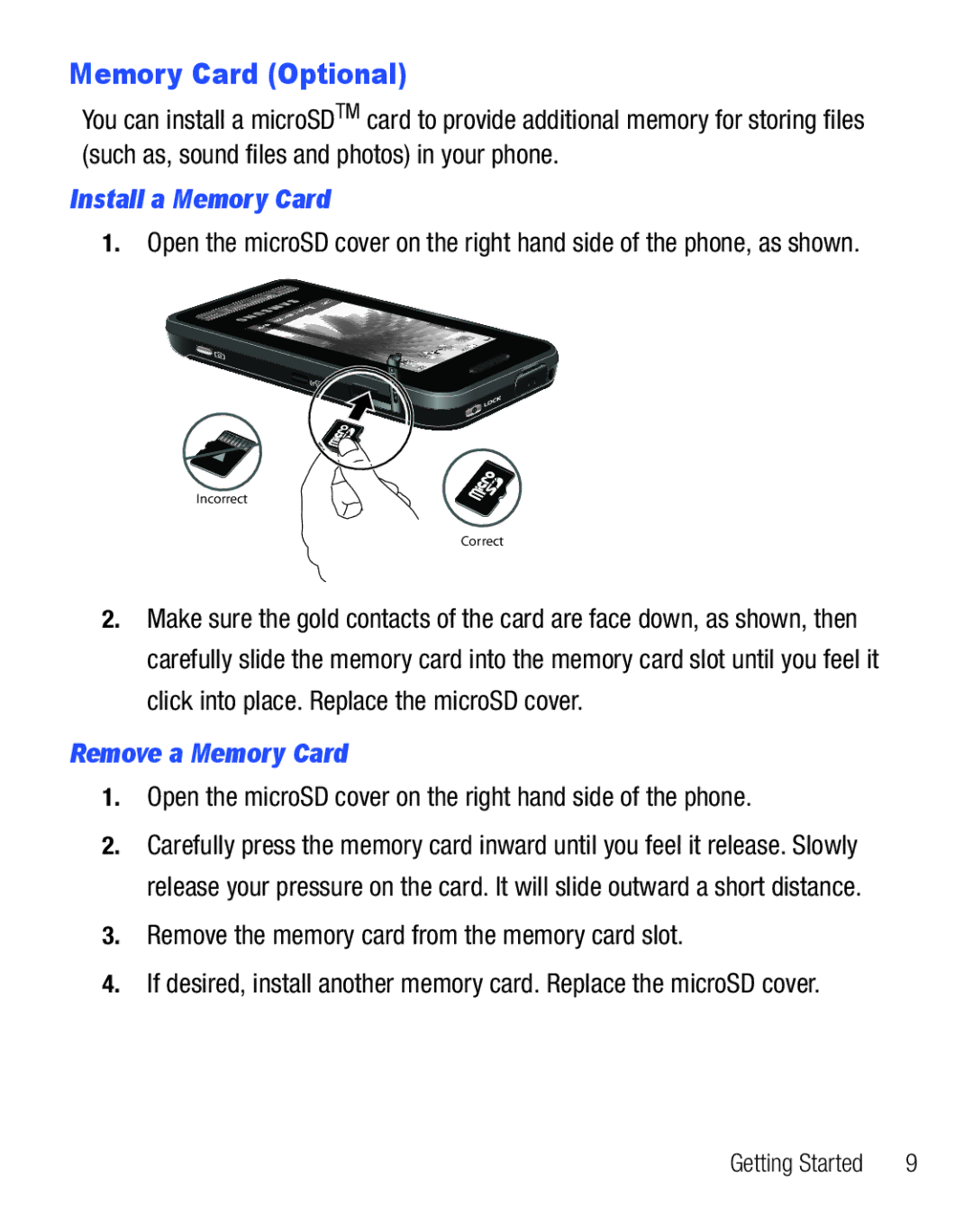 Samsung GH68-25119A user manual Memory Card Optional, Install a Memory Card, Remove a Memory Card 