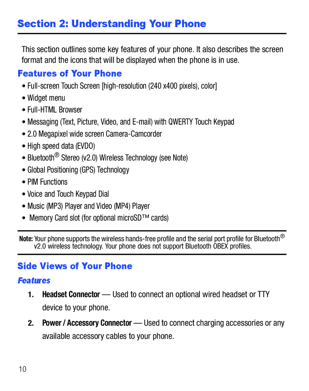 Samsung GH68-25119A user manual Understanding Your Phone, Features of Your Phone, Side Views of Your Phone 