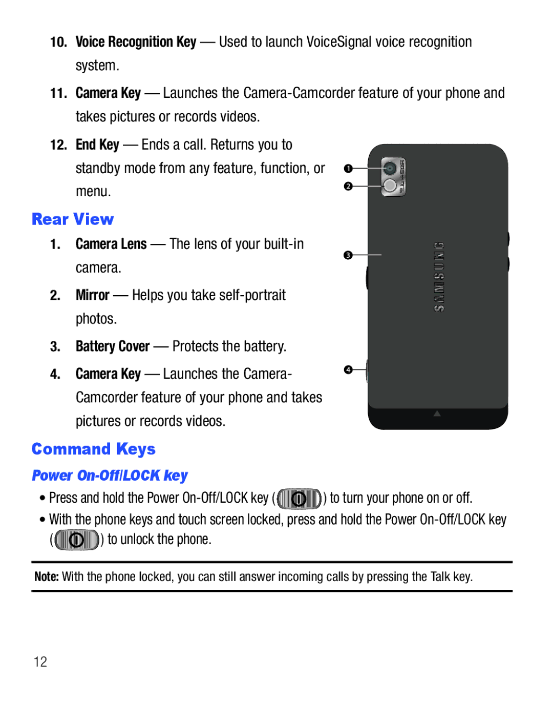 Samsung GH68-25119A user manual Rear View, Command Keys, Power On-Off/LOCK key, To unlock the phone 