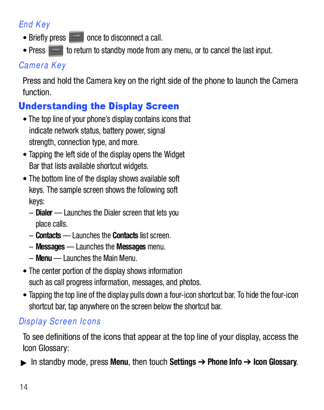 Samsung GH68-25119A Understanding the Display Screen, End Key, Briefly press once to disconnect a call, Camera Key 