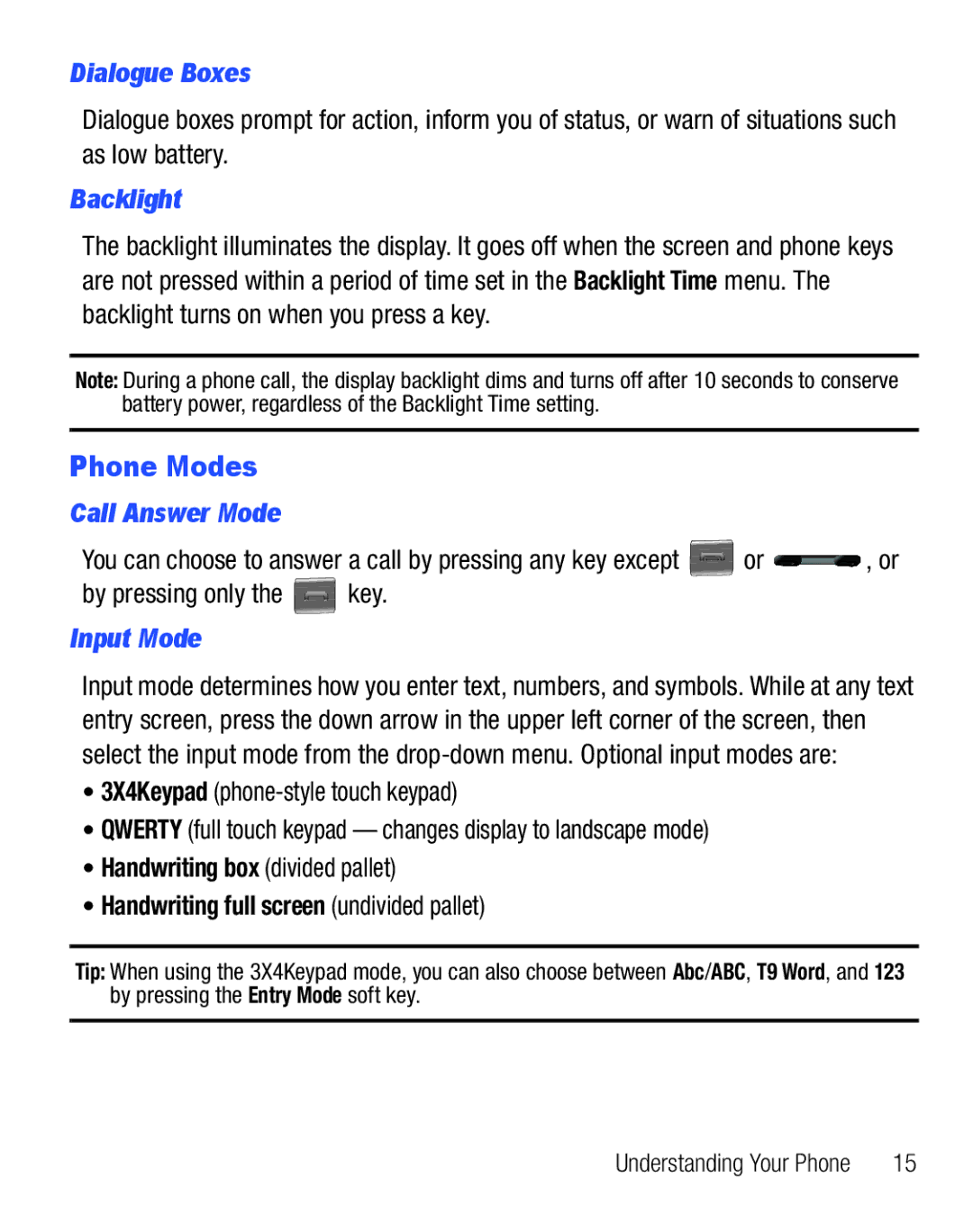 Samsung GH68-25119A user manual Phone Modes, Dialogue Boxes, Backlight, Call Answer Mode, Input Mode 