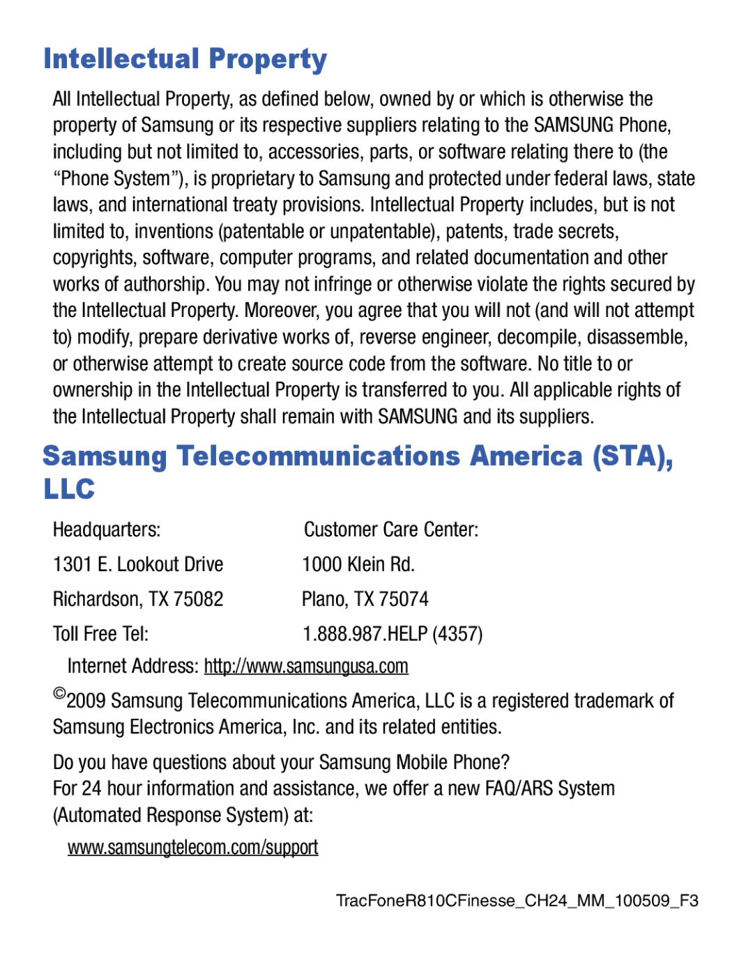 Samsung GH68-25119A user manual Intellectual Property, Headquarters 