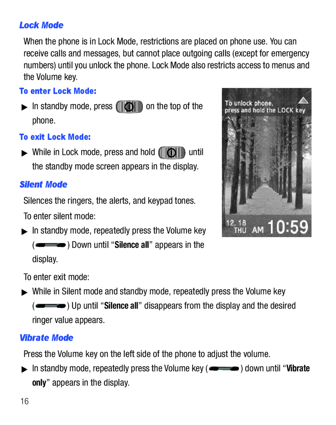 Samsung GH68-25119A user manual Lock Mode, Standby mode, press on the top of the phone, Silent Mode, Vibrate Mode 