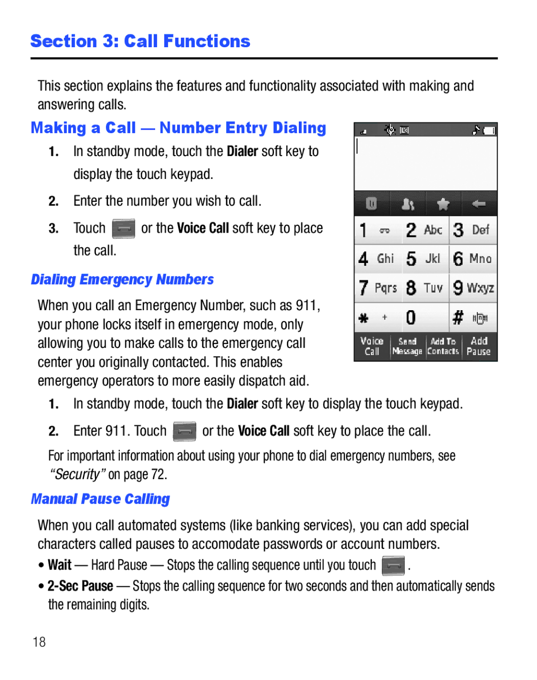 Samsung GH68-25119A Call Functions, Making a Call Number Entry Dialing, Dialing Emergency Numbers, Manual Pause Calling 