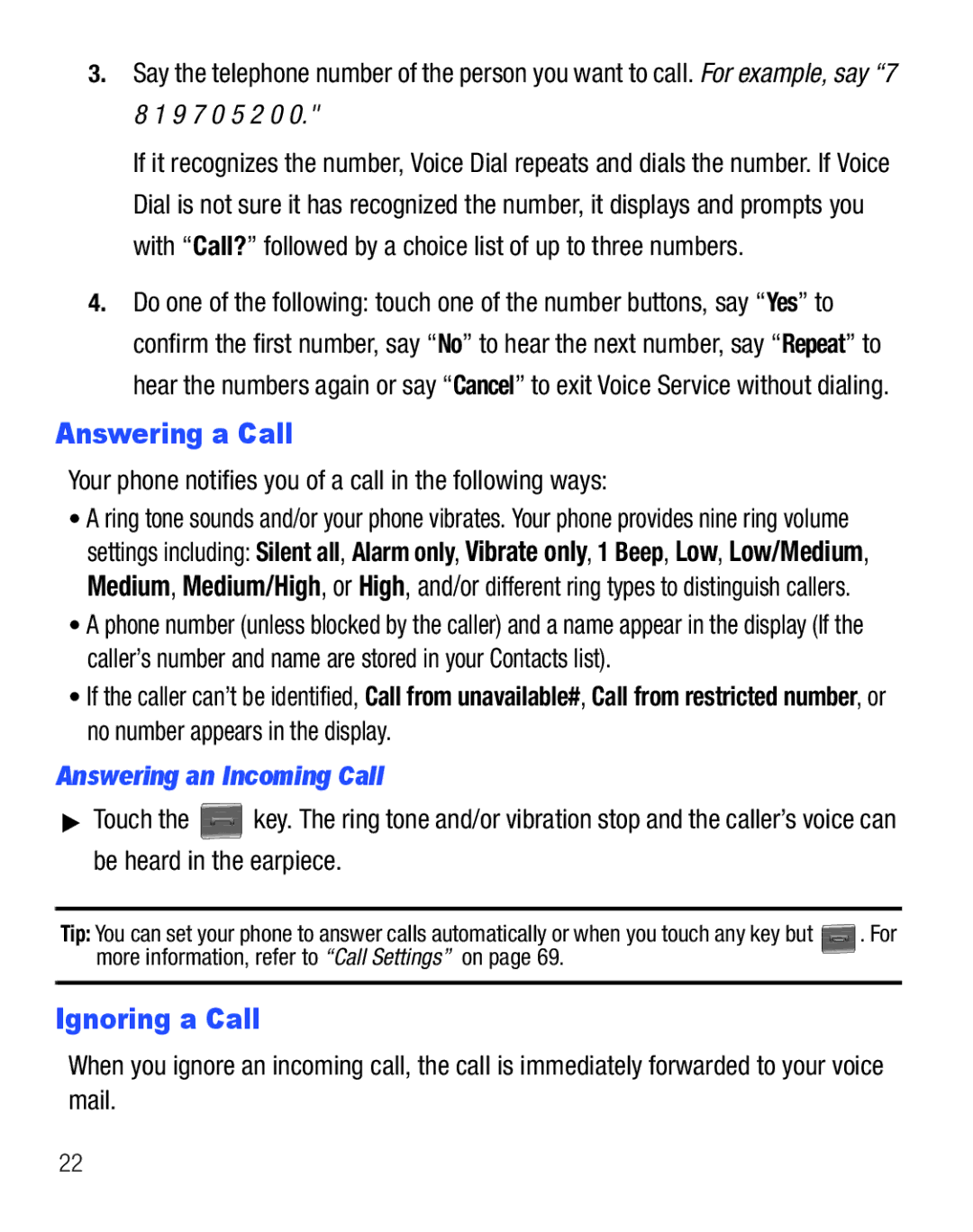 Samsung GH68-25119A user manual Answering a Call, Ignoring a Call, Your phone notifies you of a call in the following ways 