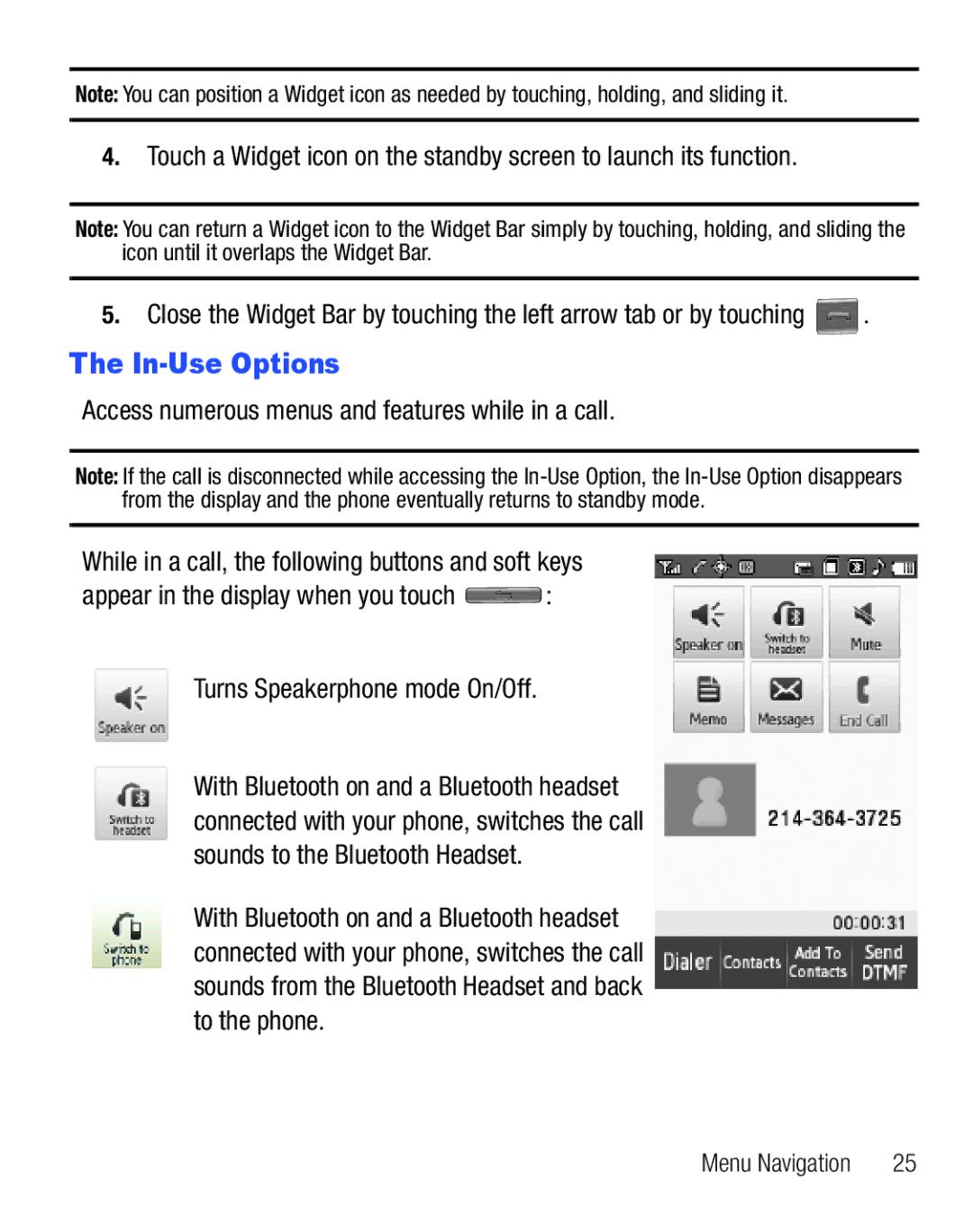 Samsung GH68-25119A user manual In-Use Options 