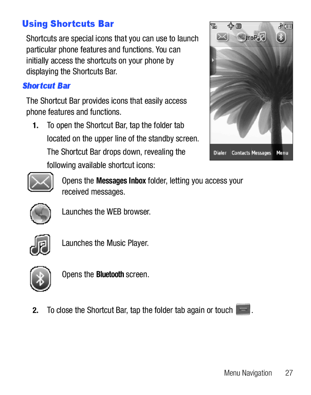 Samsung GH68-25119A user manual Using Shortcuts Bar, Shortcut Bar 