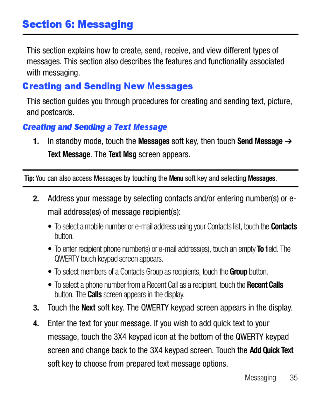 Samsung GH68-25119A user manual Messaging, Creating and Sending New Messages, Creating and Sending a Text Message 