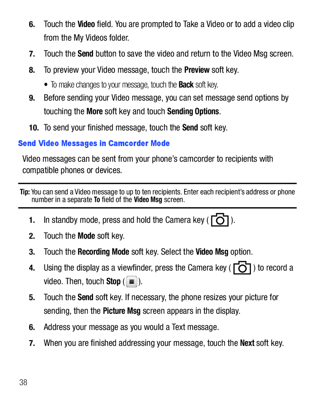 Samsung GH68-25119A user manual Send Video Messages in Camcorder Mode 