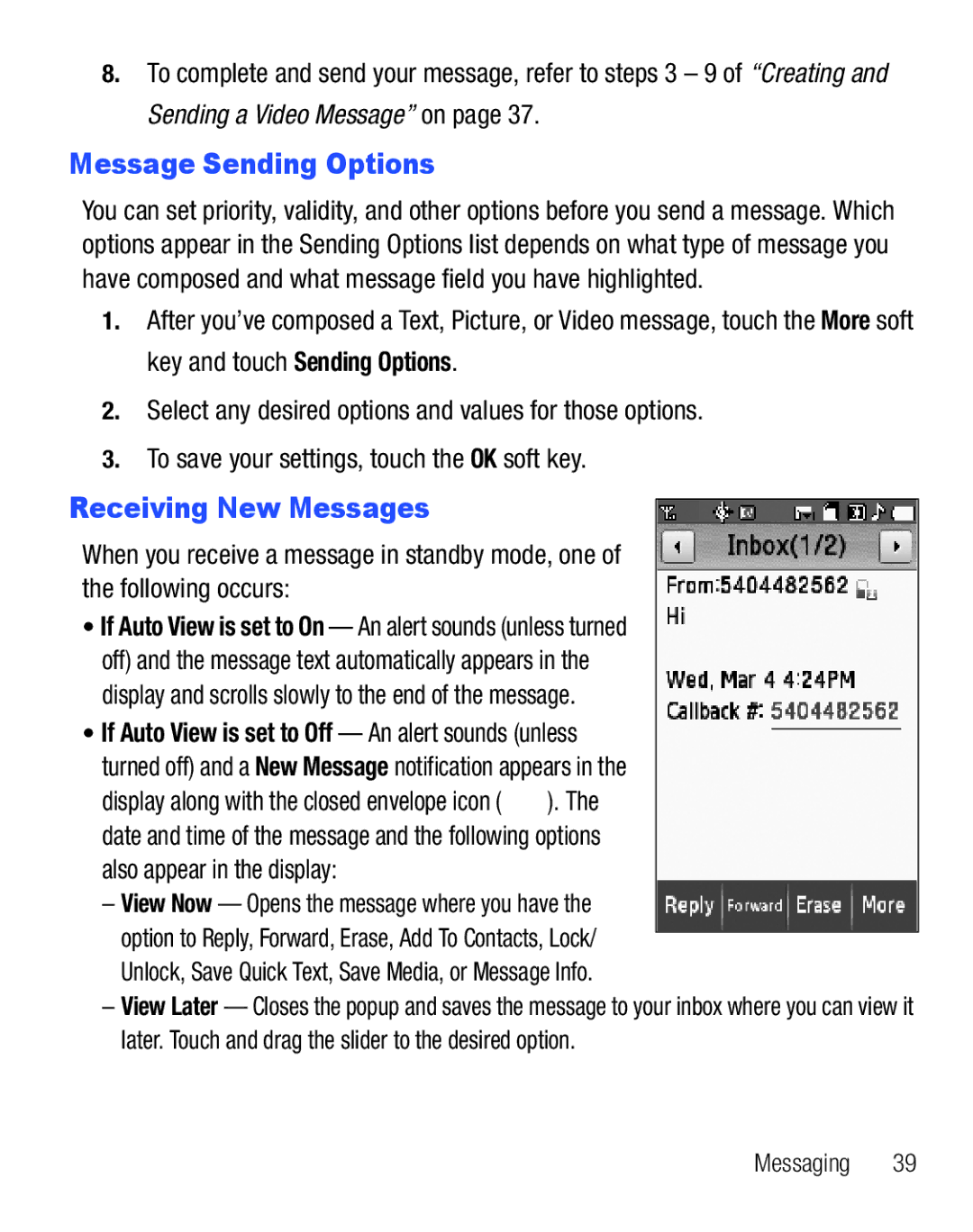 Samsung GH68-25119A user manual Message Sending Options, Receiving New Messages 