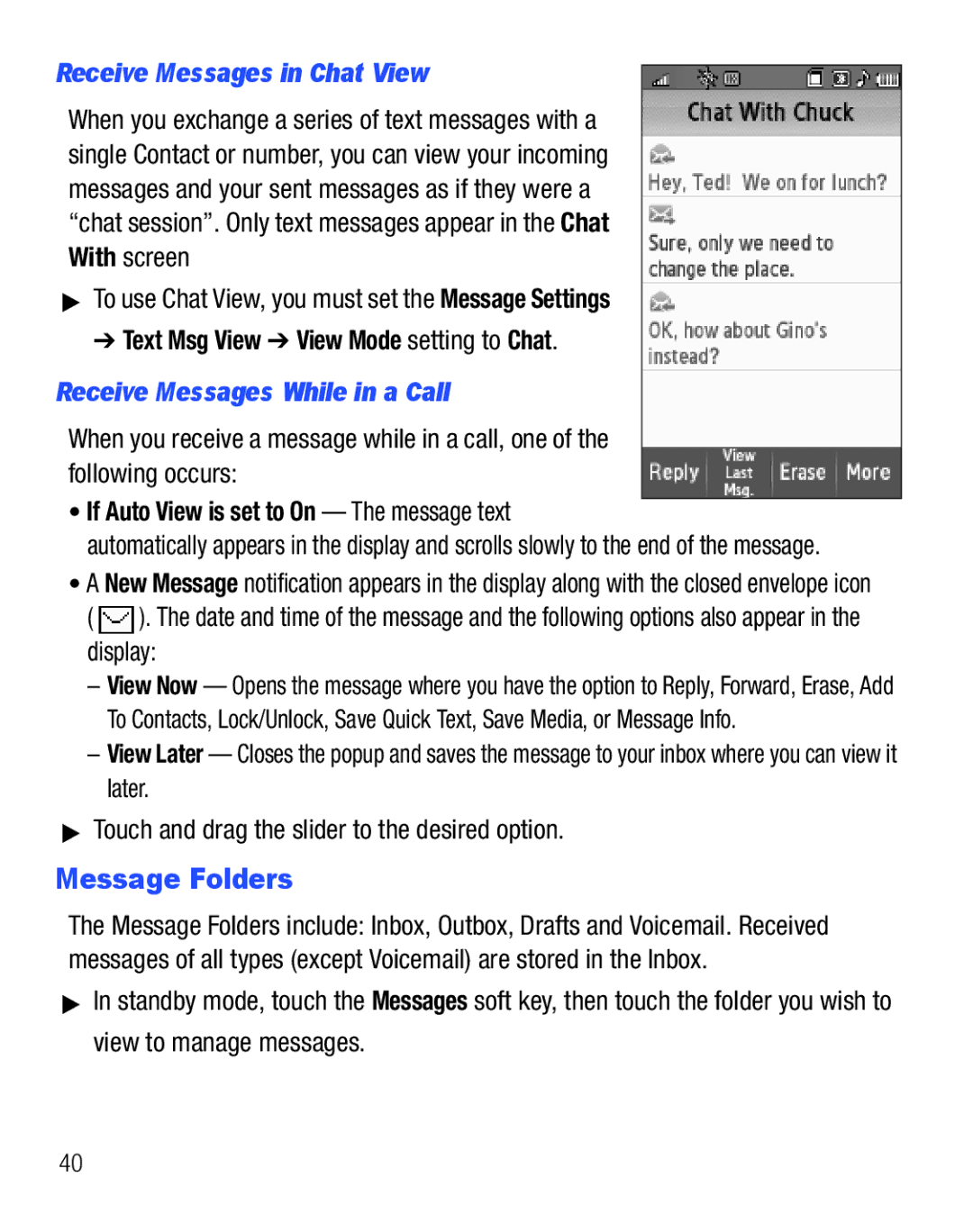 Samsung GH68-25119A user manual Message Folders, Receive Messages in Chat View, Text Msg View View Mode setting to Chat 