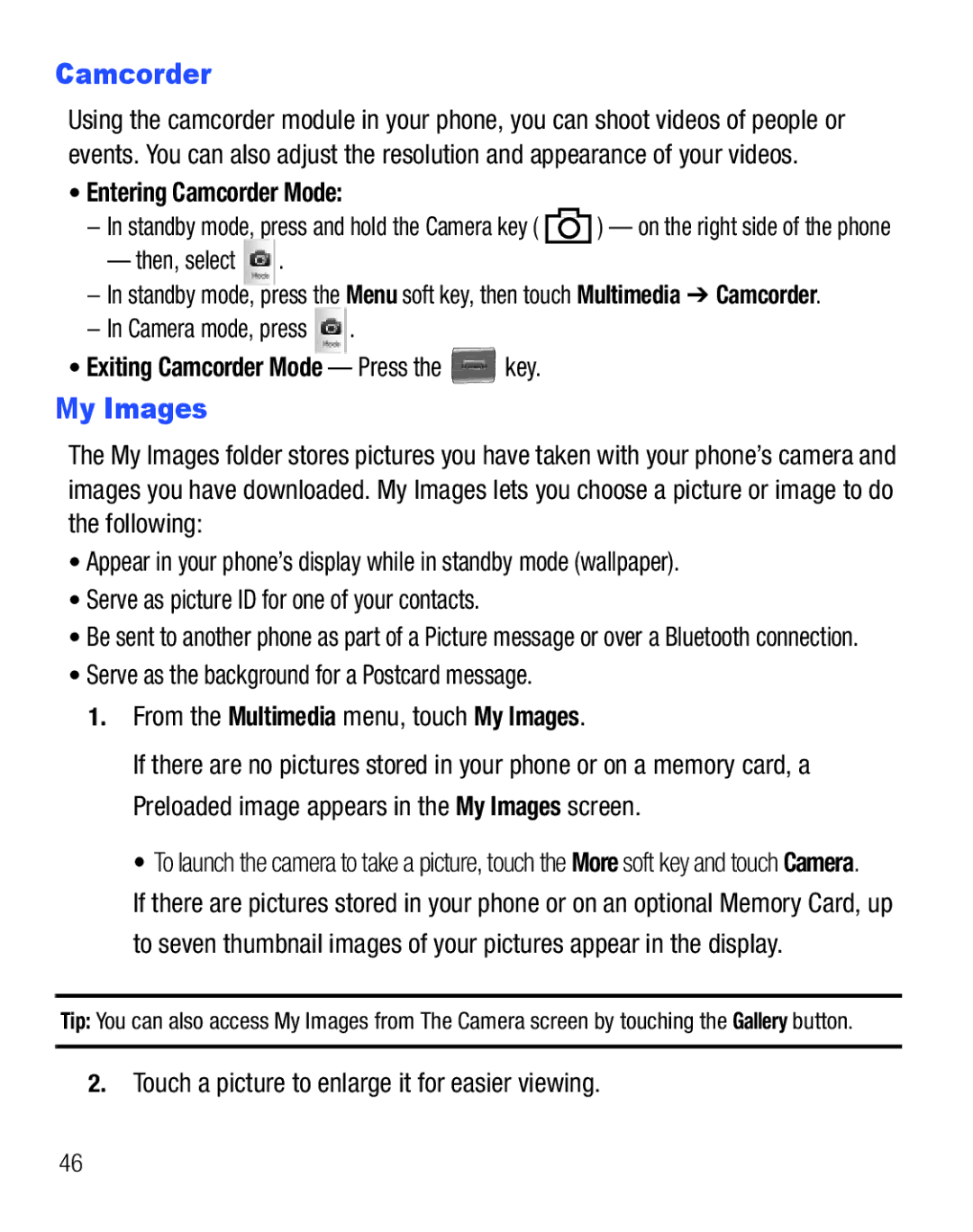 Samsung GH68-25119A user manual My Images, Entering Camcorder Mode, Exiting Camcorder Mode Press the key 