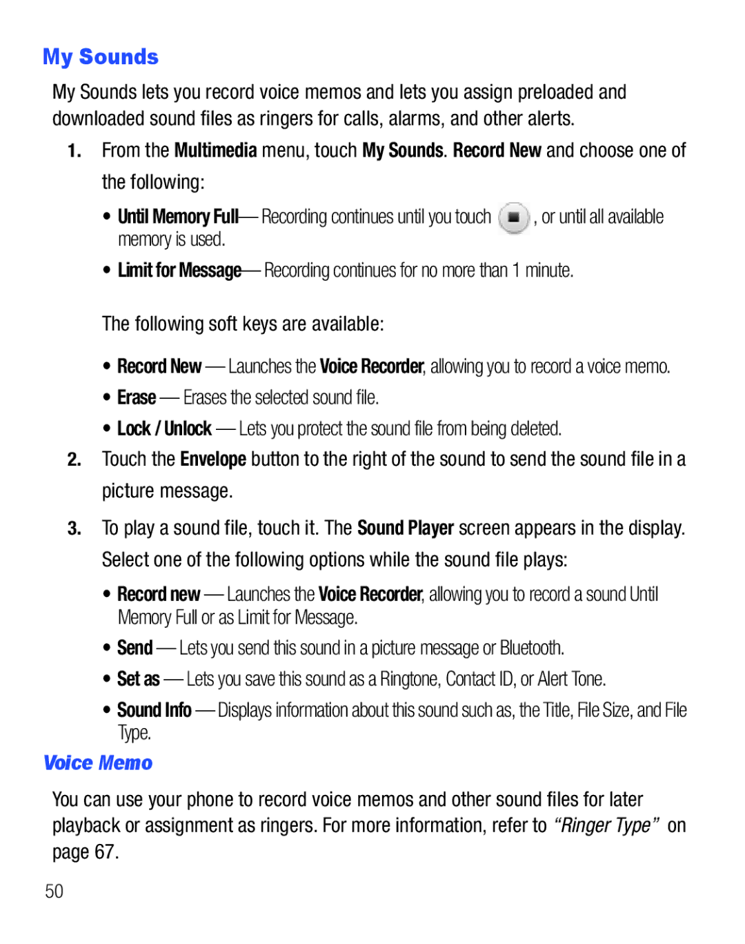 Samsung GH68-25119A My Sounds, Memory is used, Following soft keys are available, Erase Erases the selected sound file 