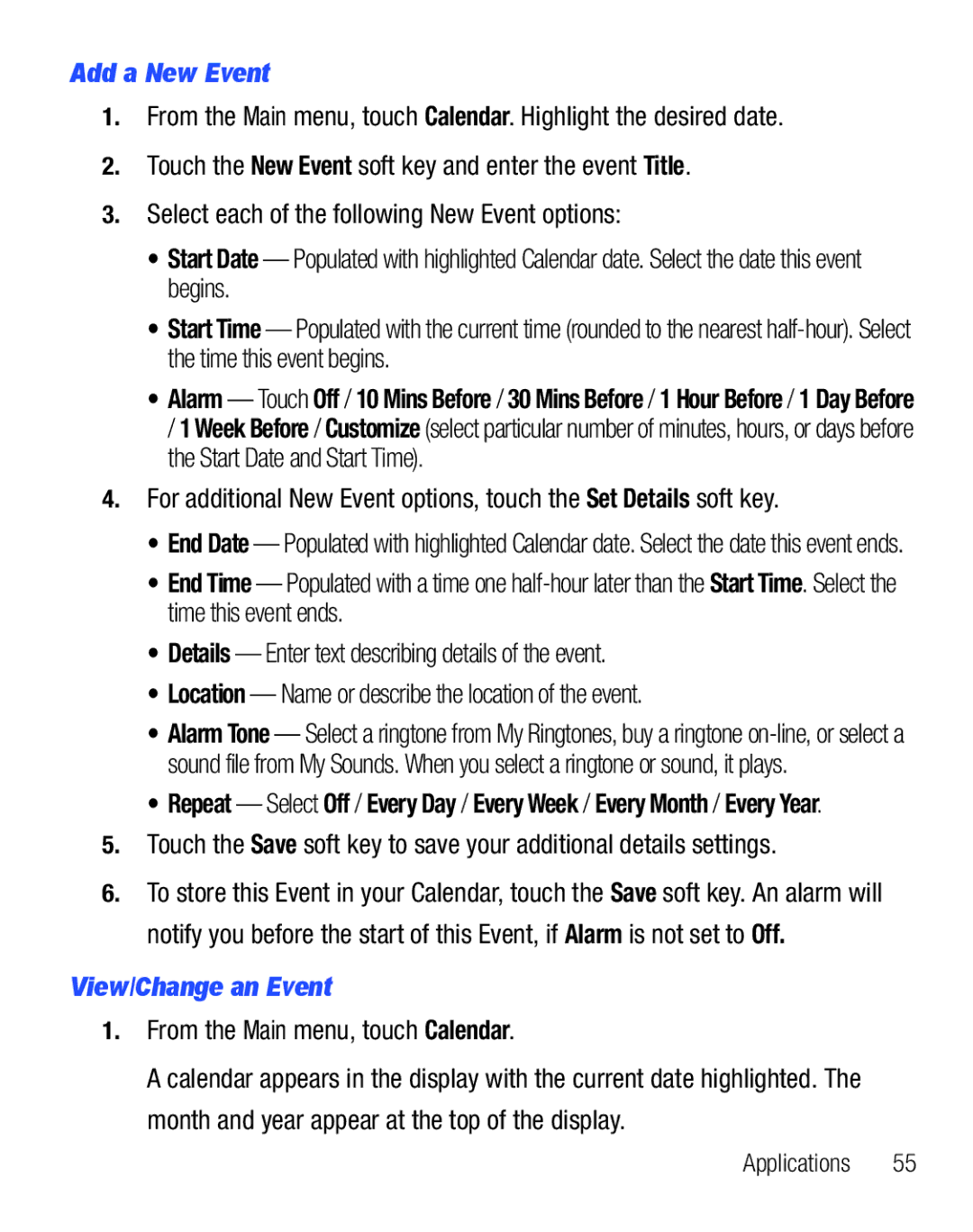 Samsung GH68-25119A user manual Add a New Event, View/Change an Event, From the Main menu, touch Calendar 