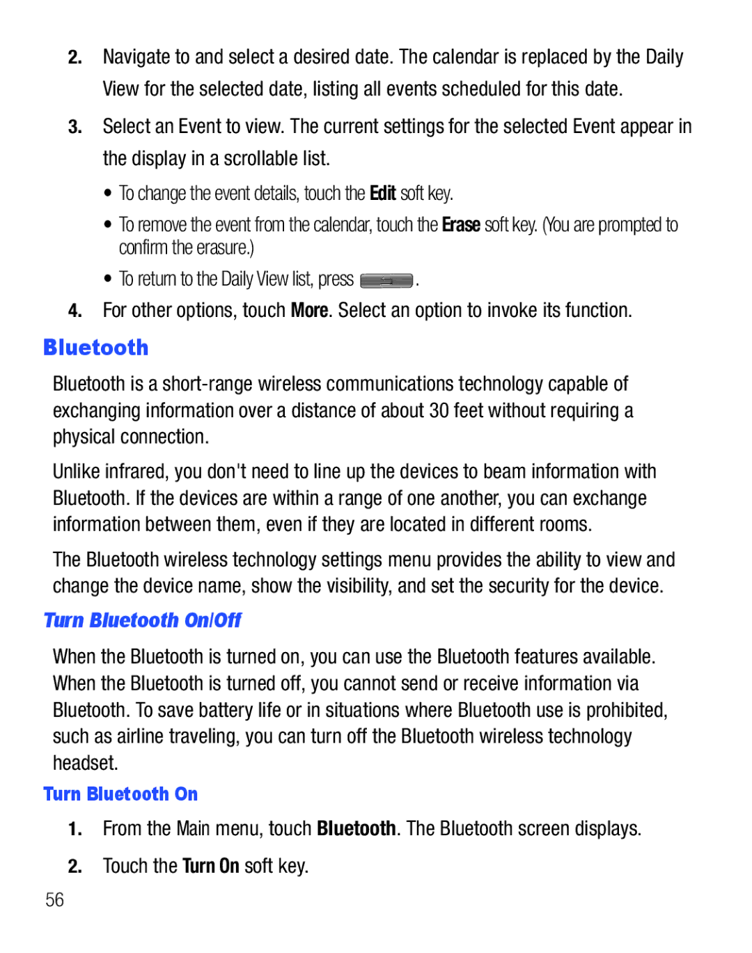 Samsung GH68-25119A user manual Turn Bluetooth On/Off, Touch the Turn On soft key 