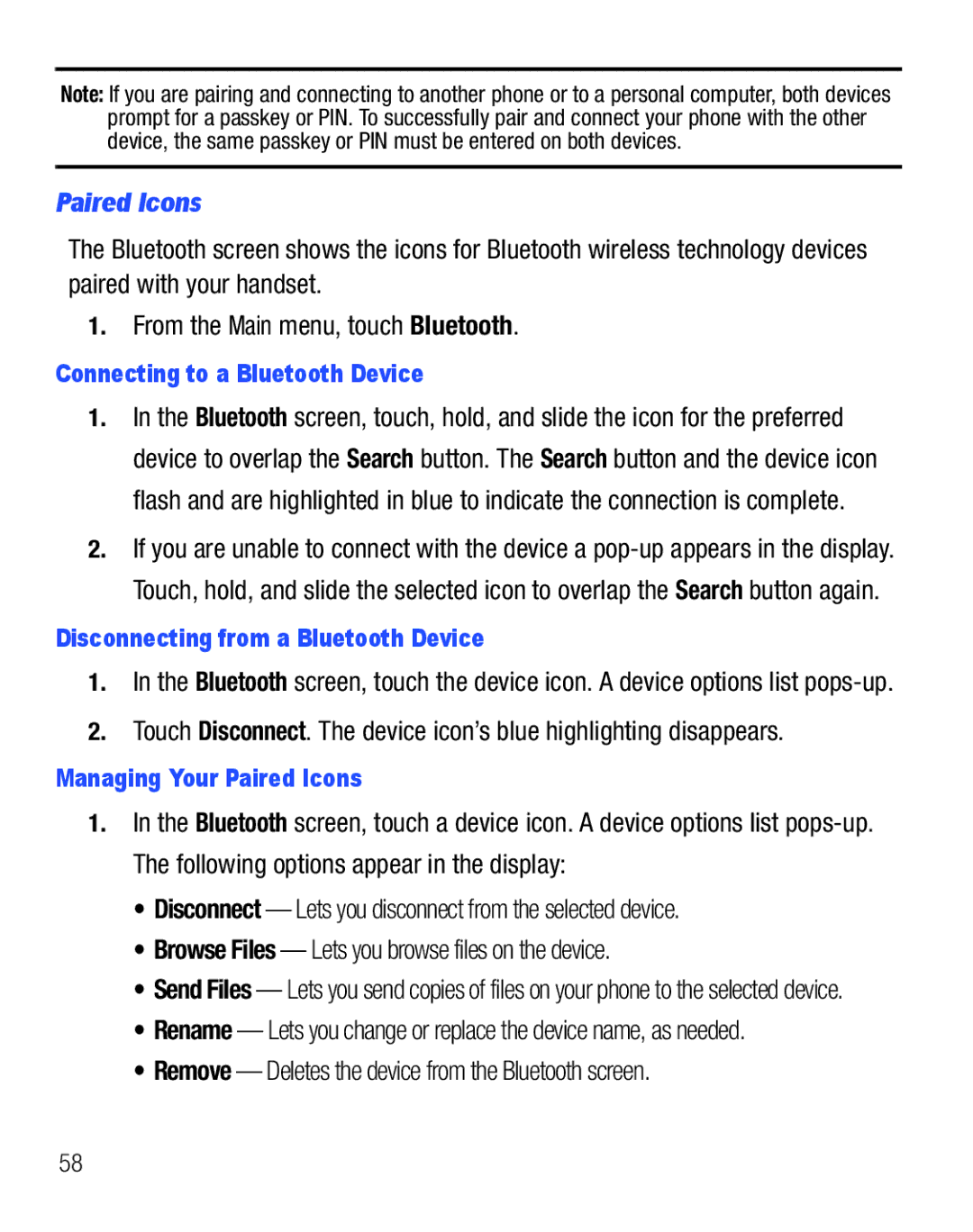 Samsung GH68-25119A Paired Icons, Remove Deletes the device from the Bluetooth screen, Connecting to a Bluetooth Device 