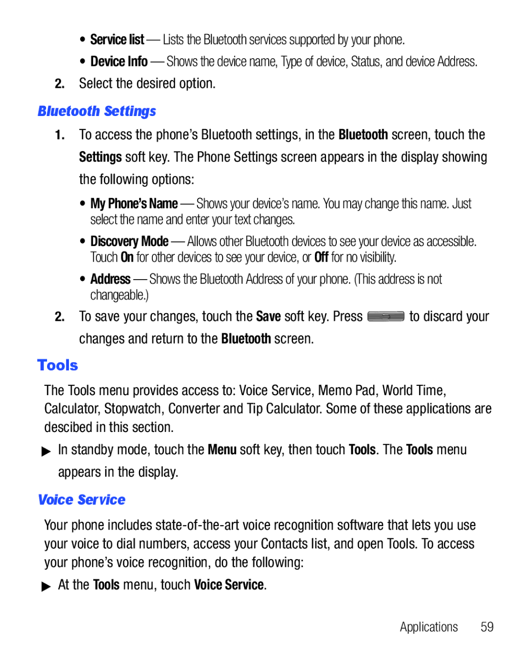 Samsung GH68-25119A user manual Bluetooth Settings, At the Tools menu, touch Voice Service 