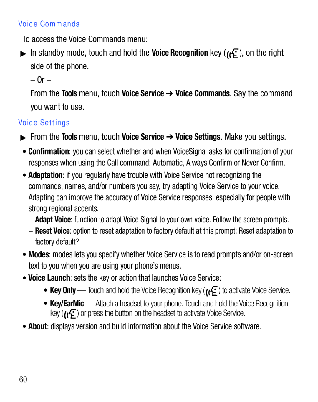 Samsung GH68-25119A user manual To access the Voice Commands menu, Side of the phone, Voice Settings 