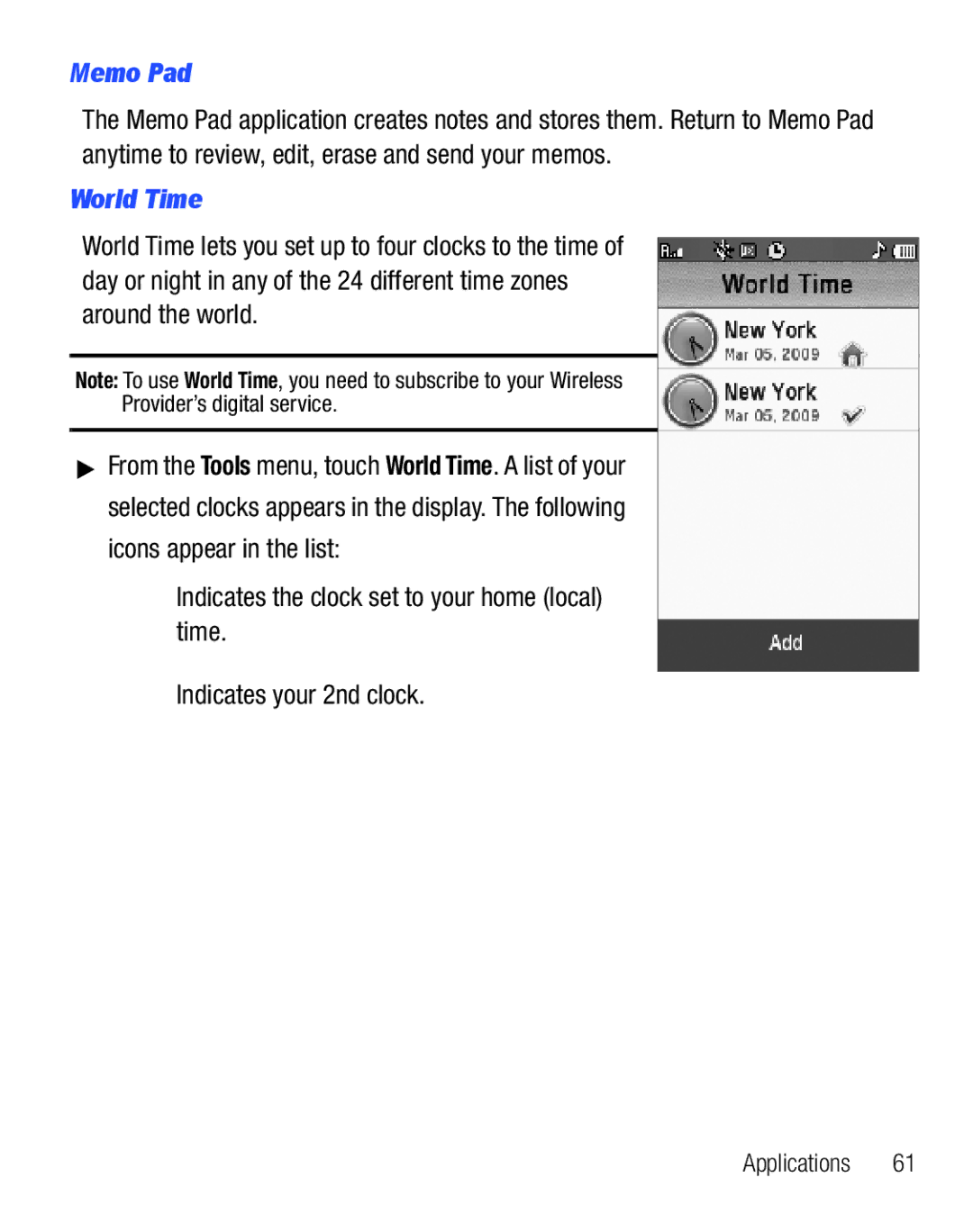 Samsung GH68-25119A user manual Memo Pad, World Time 