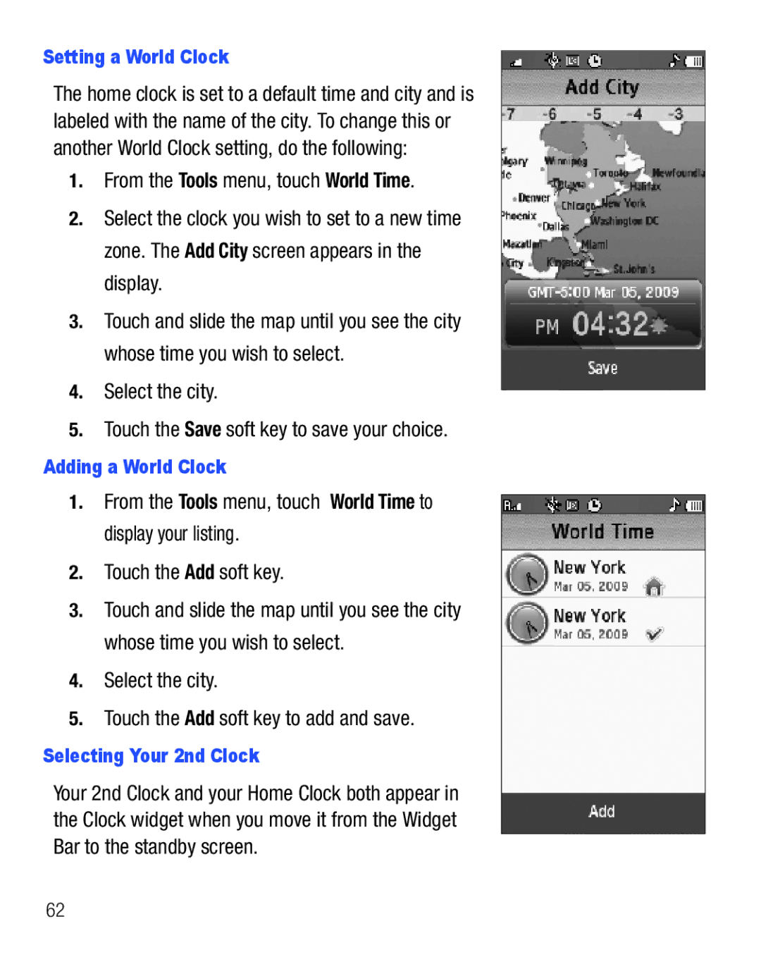 Samsung GH68-25119A user manual Select the city Touch the Save soft key to save your choice, Setting a World Clock 