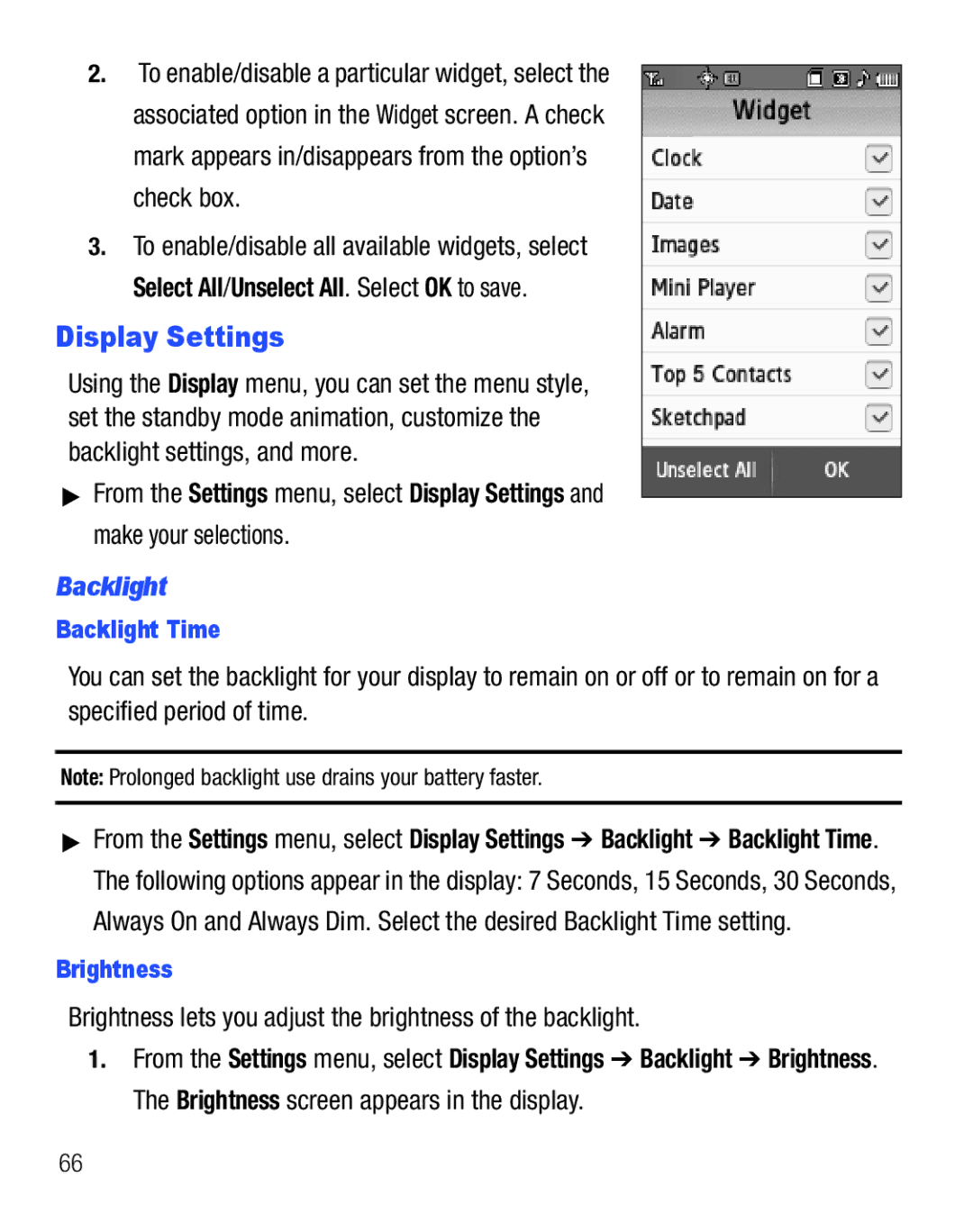 Samsung GH68-25119A Display Settings, Brightness lets you adjust the brightness of the backlight, Backlight Time 