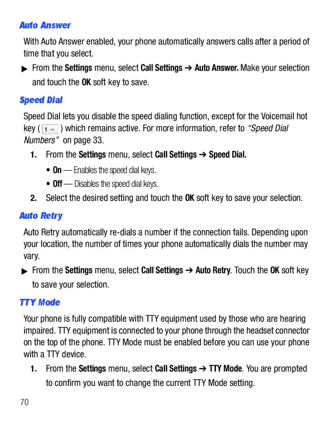 Samsung GH68-25119A Auto Answer, From the Settings menu, select Call Settings Speed Dial, Auto Retry, TTY Mode 