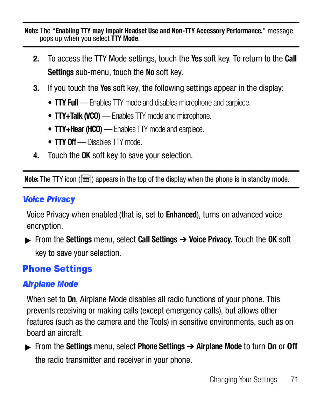 Samsung GH68-25119A user manual Phone Settings, Voice Privacy, Airplane Mode 