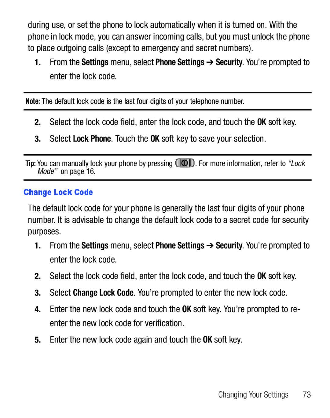 Samsung GH68-25119A user manual Change Lock Code 