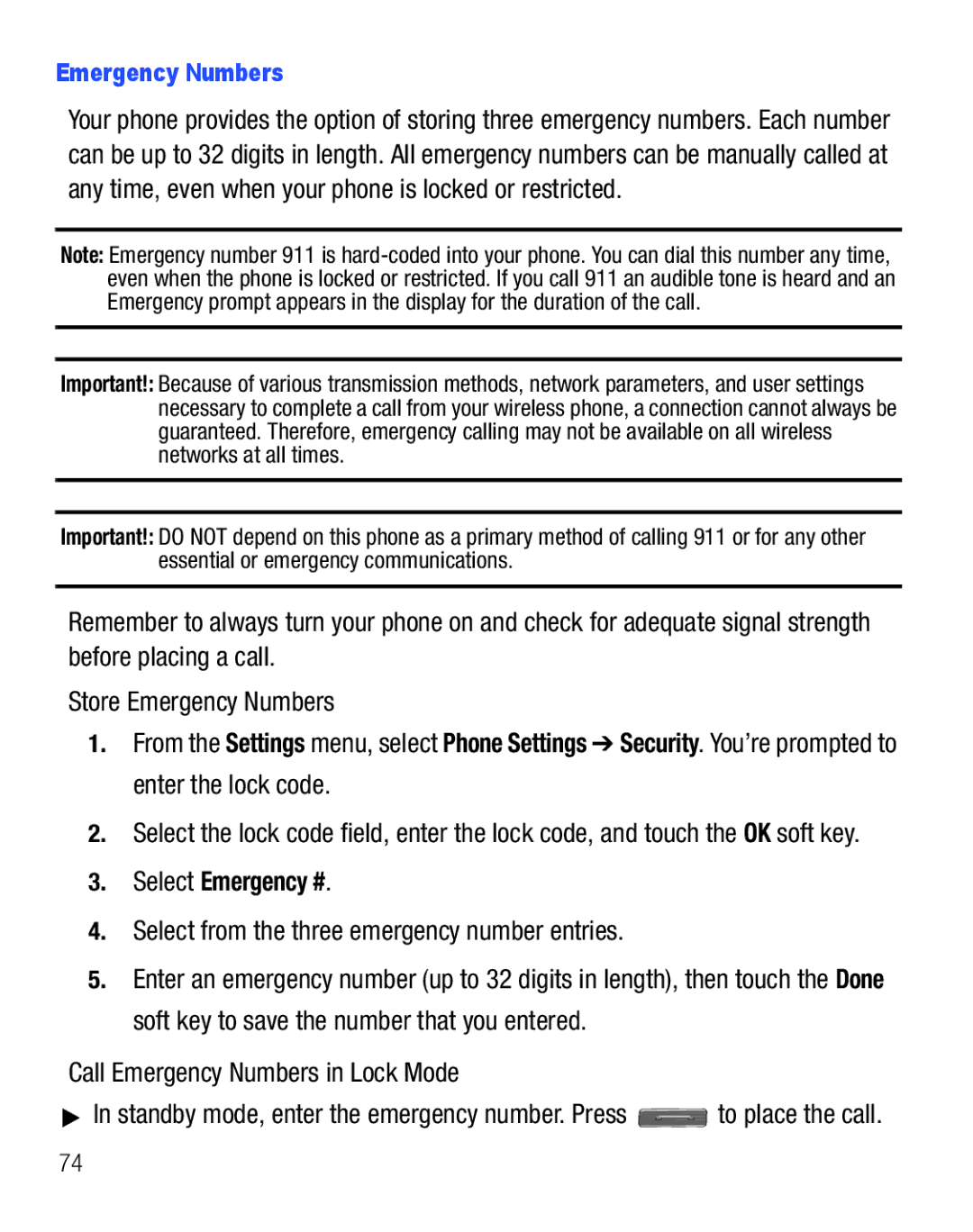 Samsung GH68-25119A user manual Select Emergency #, Select from the three emergency number entries, Emergency Numbers 