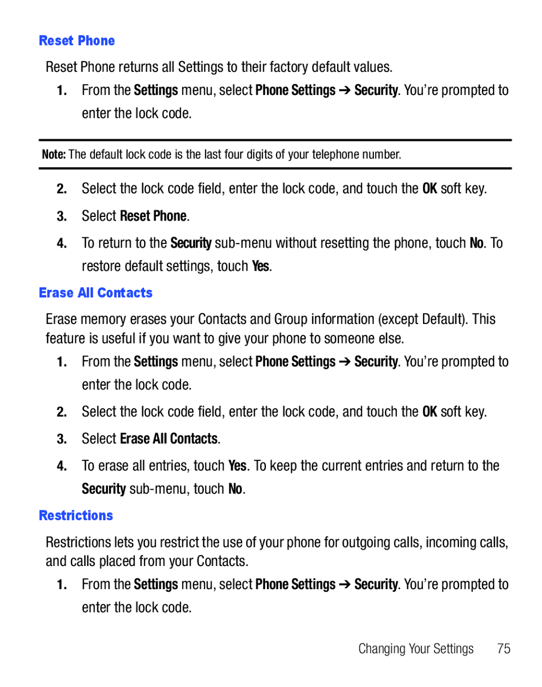 Samsung GH68-25119A user manual Select Reset Phone, Select Erase All Contacts, Restrictions 