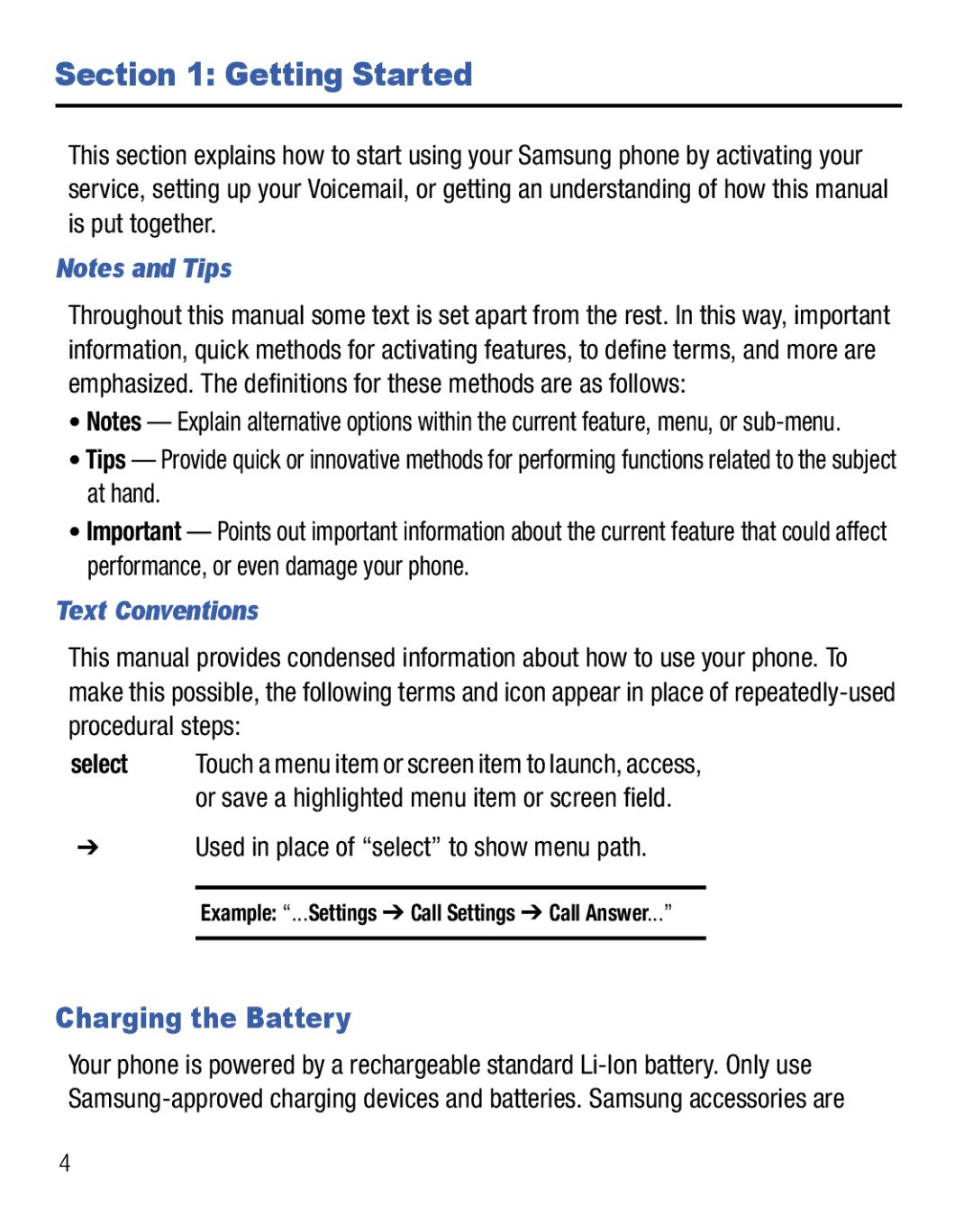 Samsung GH68-25119A Getting Started, Charging the Battery, Text Conventions, Used in place of select to show menu path 