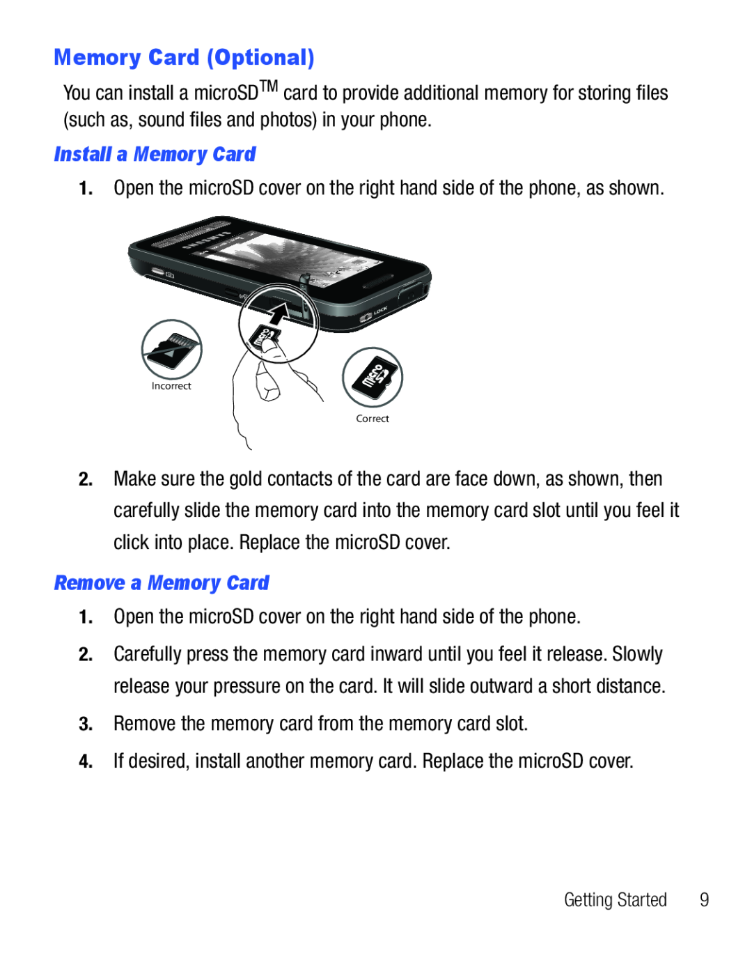 Samsung GH68-25119A user manual Memory Card Optional, Install a Memory Card, Remove a Memory Card 
