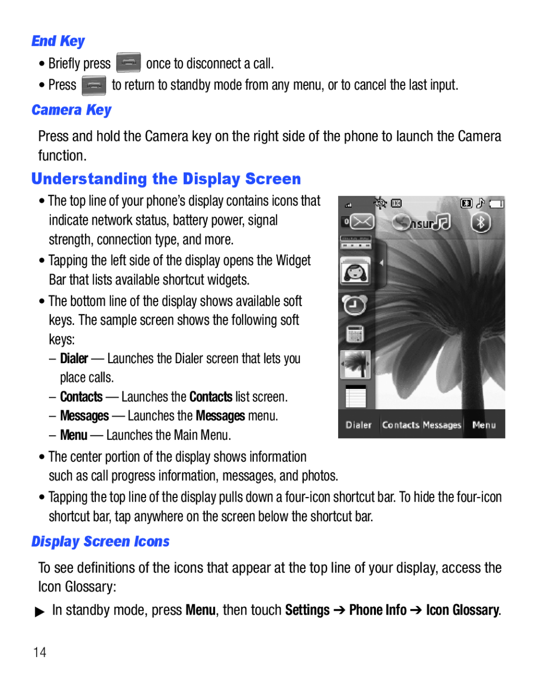 Samsung GH68-25119A user manual Understanding the Display Screen, End Key, Camera Key, Display Screen Icons 