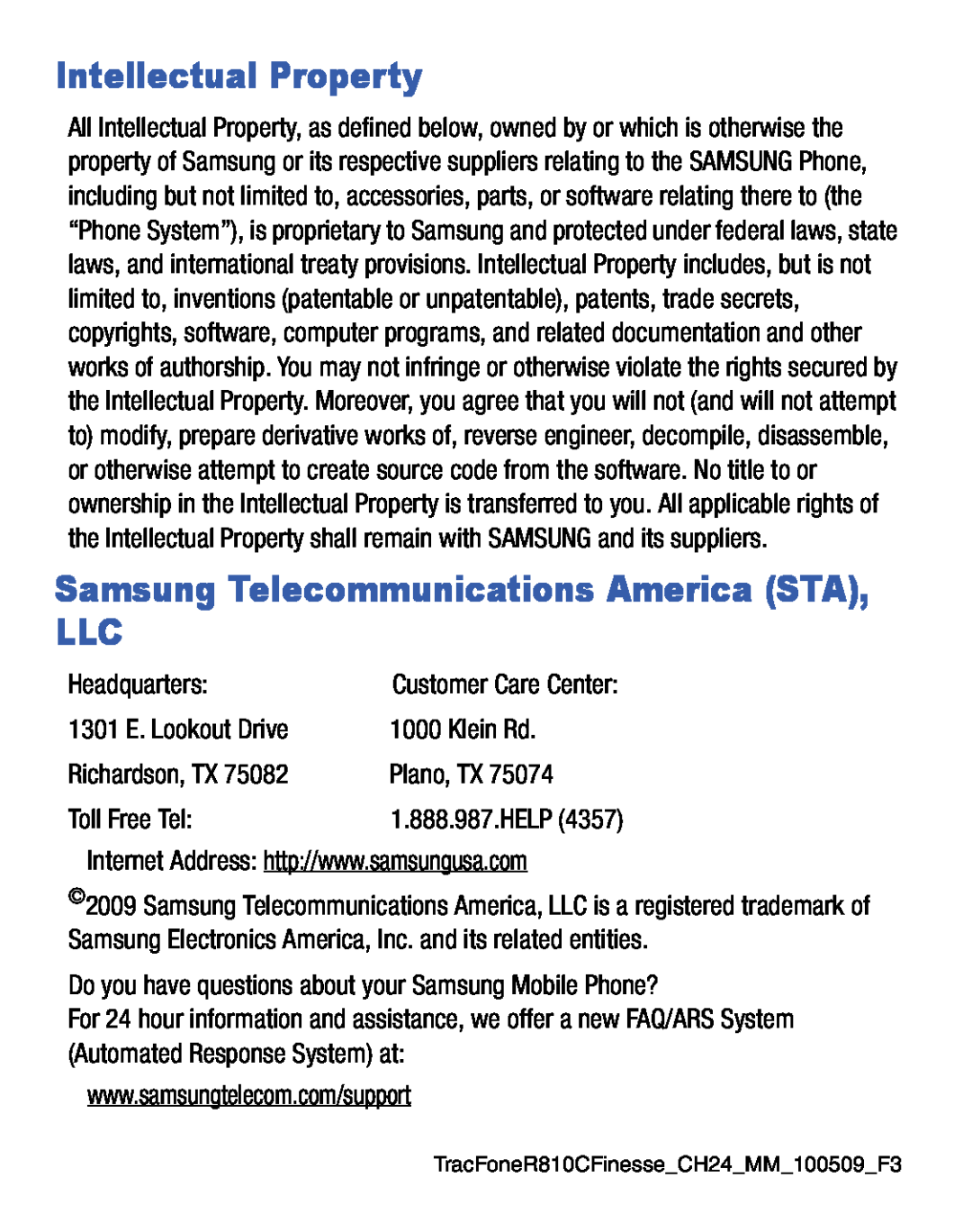 Samsung GH68-25119A Intellectual Property, Samsung Telecommunications America STA LLC, Headquarters, 1301 E. Lookout Drive 