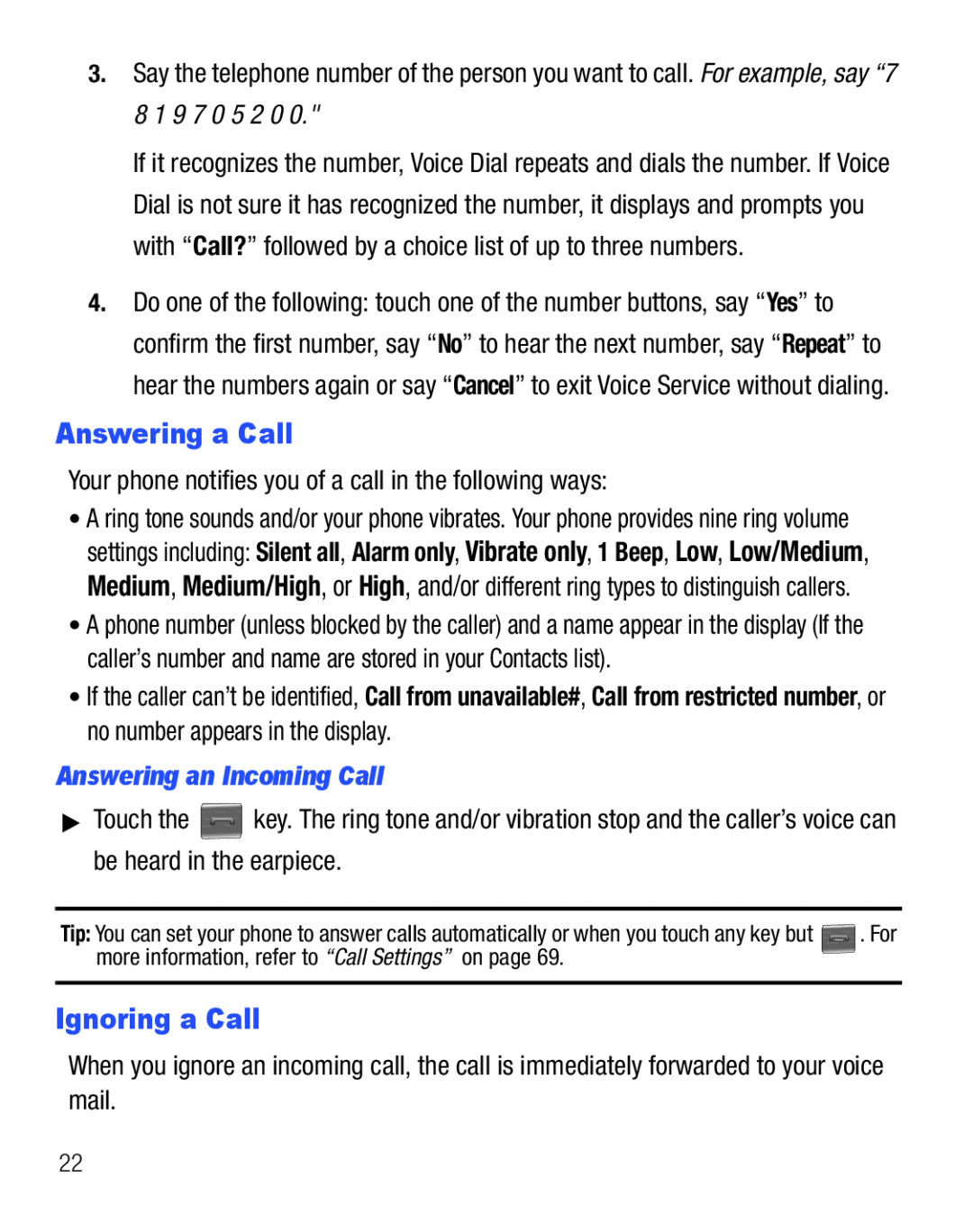 Samsung GH68-25119A user manual Answering a Call, Ignoring a Call, Answering an Incoming Call 