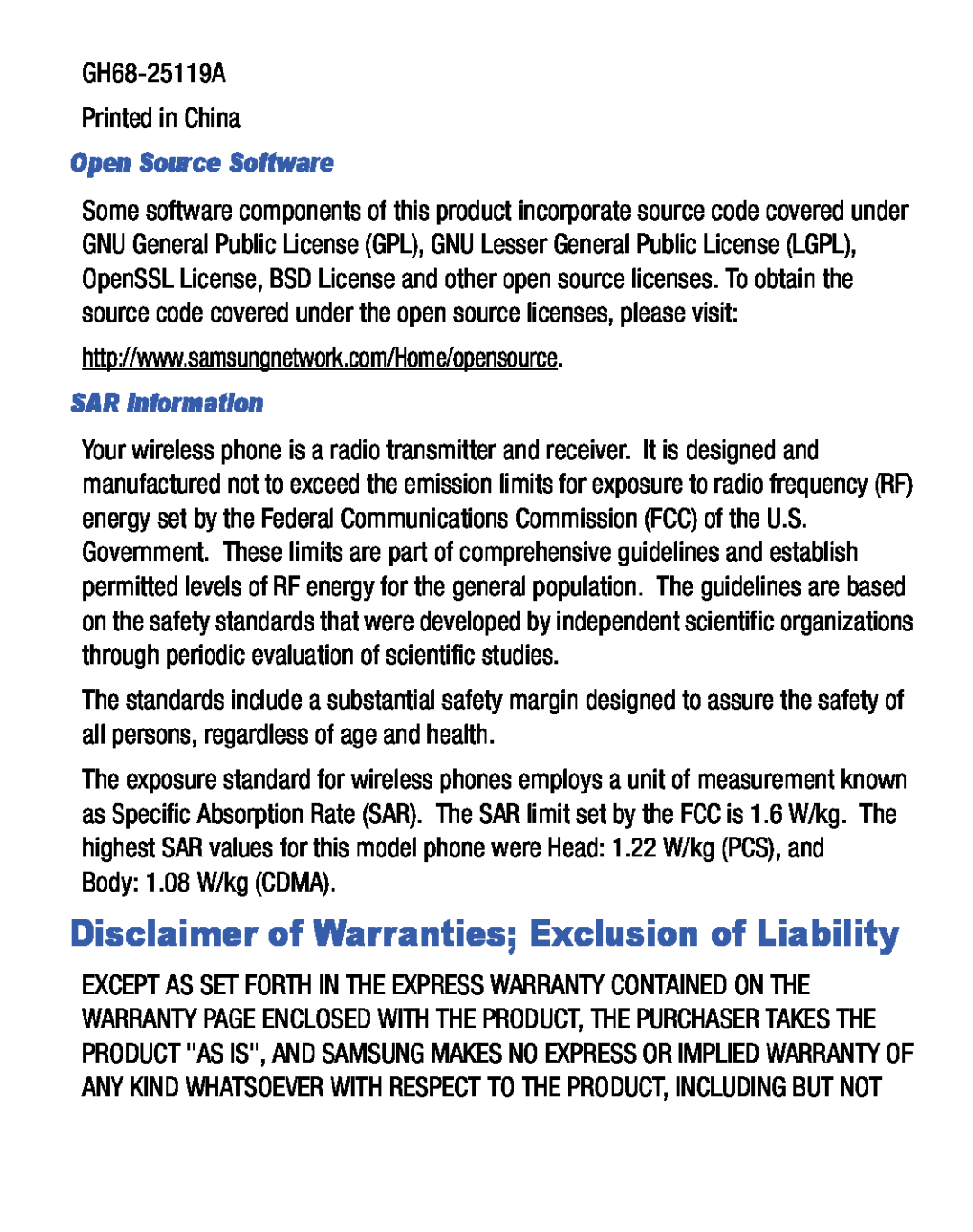 Samsung GH68-25119A user manual Disclaimer of Warranties Exclusion of Liability, Open Source Software, SAR Information 