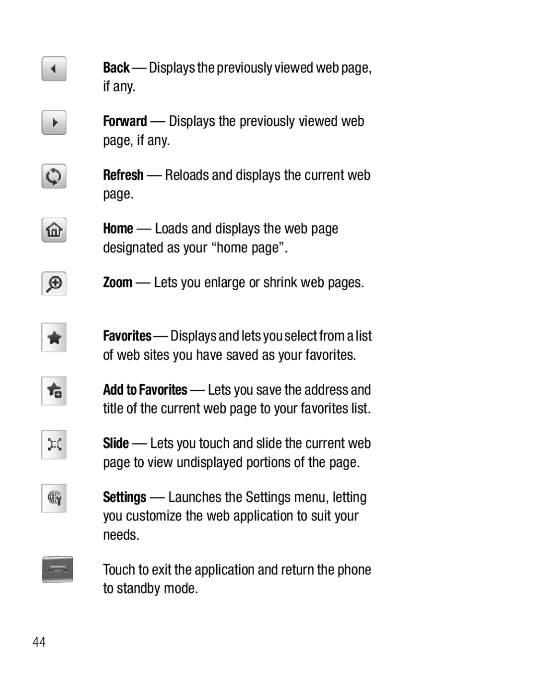 Samsung GH68-25119A user manual Back - Displays the previously viewed web page, if any 