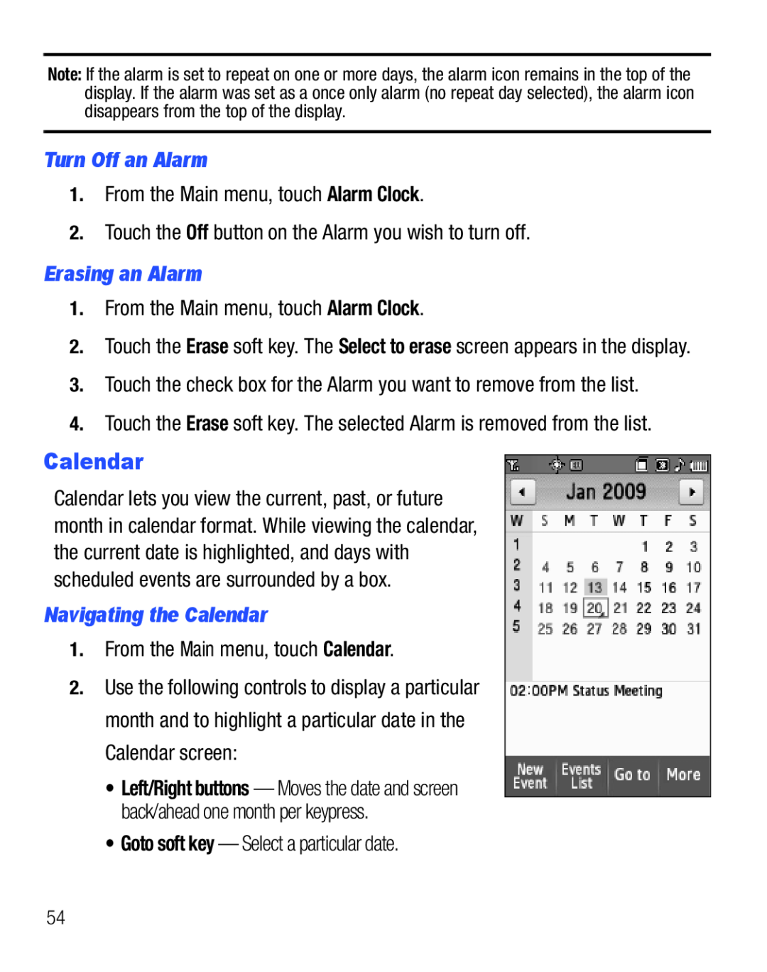 Samsung GH68-25119A user manual Turn Off an Alarm, Erasing an Alarm, Navigating the Calendar 