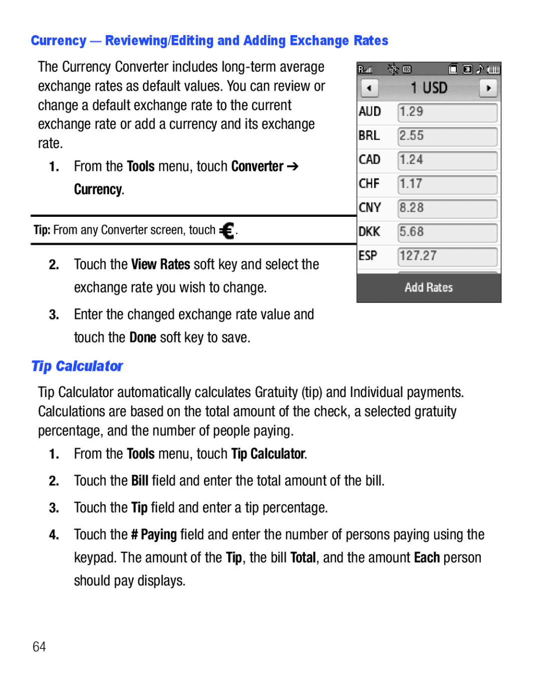 Samsung GH68-25119A user manual Tip Calculator, From the Tools menu, touch Converter Currency 