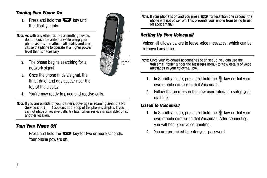 Samsung GH68-25489A user manual Turning Your Phone On, Turn Your Phone Off, Setting Up Your Voicemail, Listen to Voicemail 