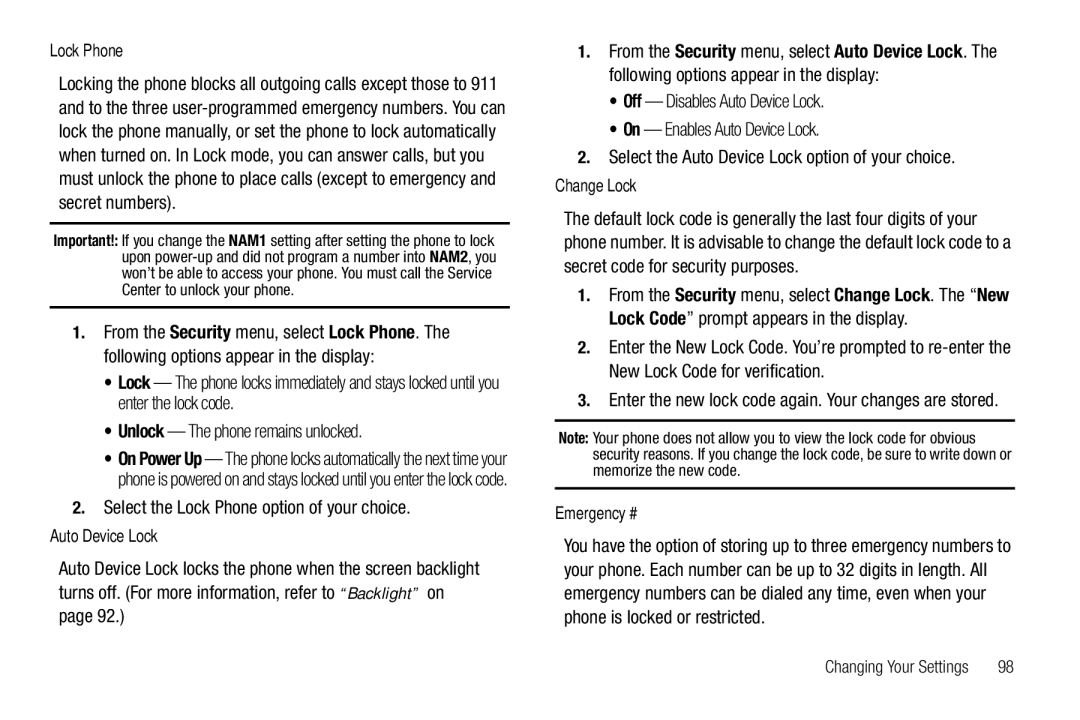 Samsung GH68-25489A user manual Select the Lock Phone option of your choice, Auto Device Lock, Change Lock, Emergency # 