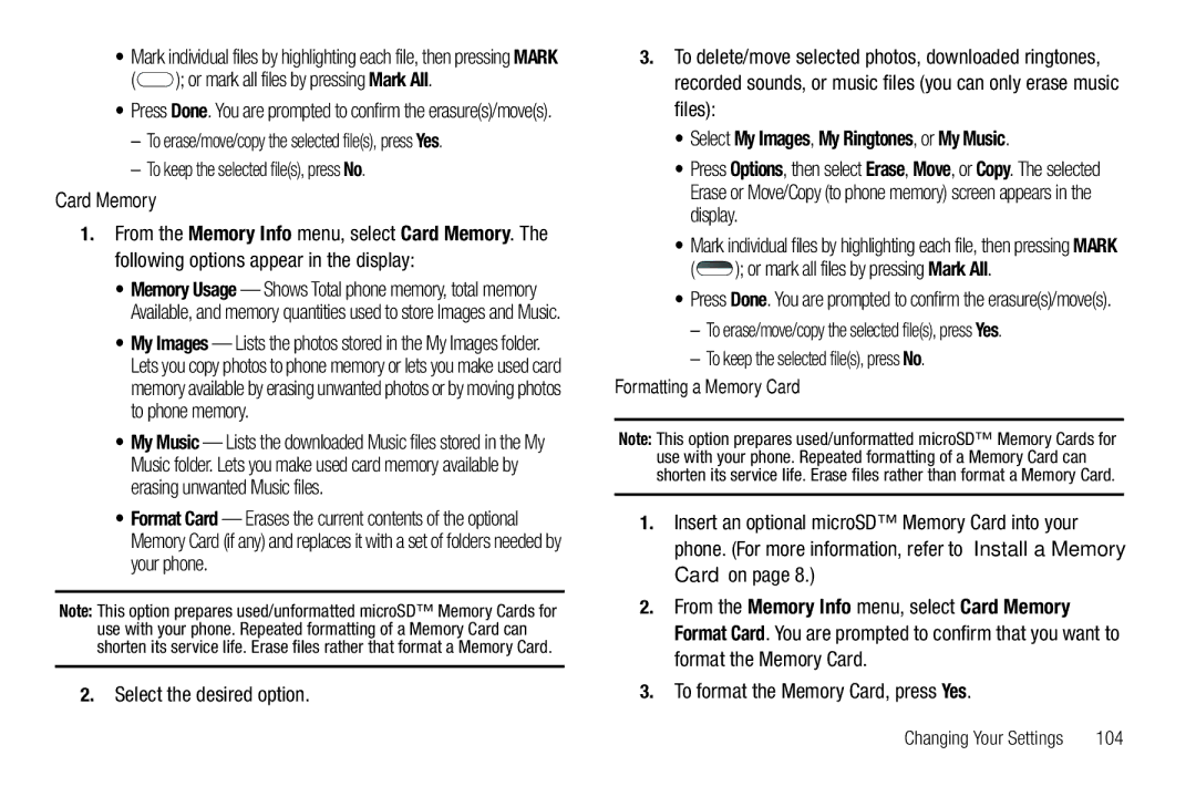 Samsung GH68-25489A user manual Or mark all files by pressing Mark All, To keep the selected files, press No, Card Memory 