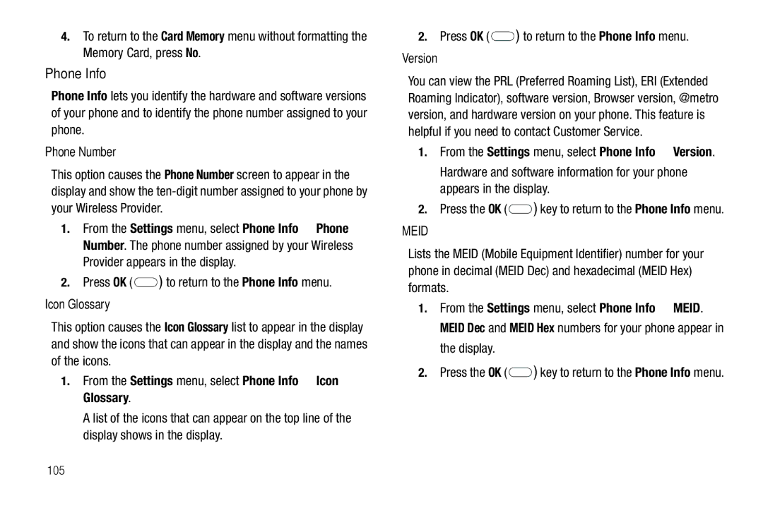 Samsung GH68-25489A user manual Phone Number, From the Settings menu, select Phone Info Icon Glossary, Version 