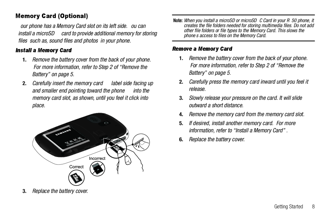 Samsung GH68-25489A Memory Card Optional, Install a Memory Card, Replace the battery cover, Remove a Memory Card 