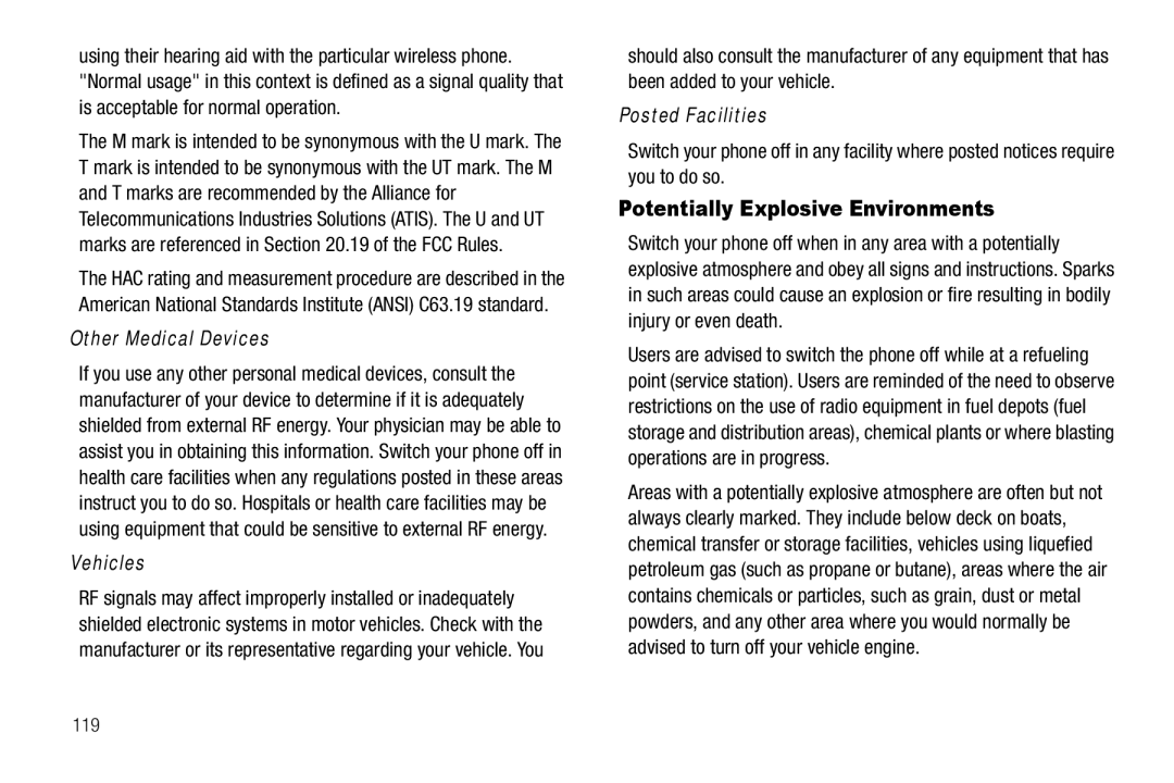 Samsung GH68-25489A user manual Potentially Explosive Environments, Other Medical Devices, Vehicles, Posted Facilities 