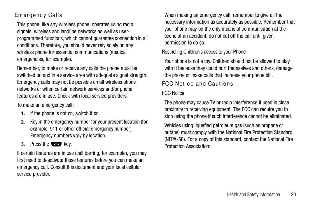 Samsung GH68-25489A Emergency Calls, FCC Notice and Cautions, Press the key, Restricting Childrens access to your Phone 