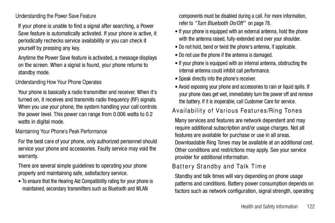 Samsung GH68-25489A user manual Availability of Various Features/Ring Tones, Battery Standby and Talk Time 