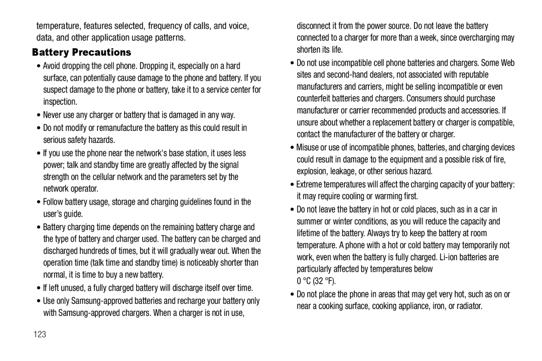 Samsung GH68-25489A user manual Battery Precautions, 32 F 