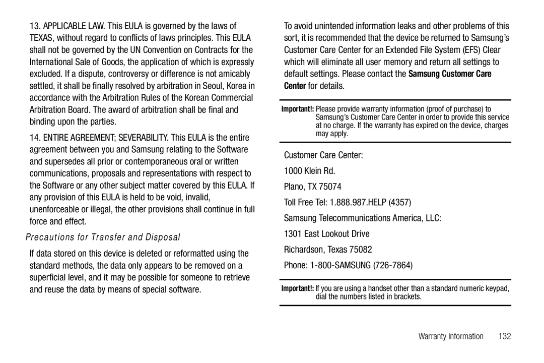 Samsung GH68-25489A user manual Precautions for Transfer and Disposal, Customer Care Center Klein Rd Plano, TX, 132 