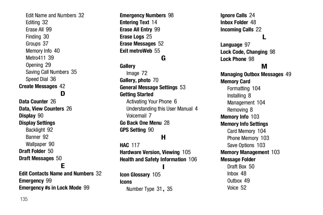 Samsung GH68-25489A user manual Memory Info Memory Info Settings, Memory Management Message Folder 